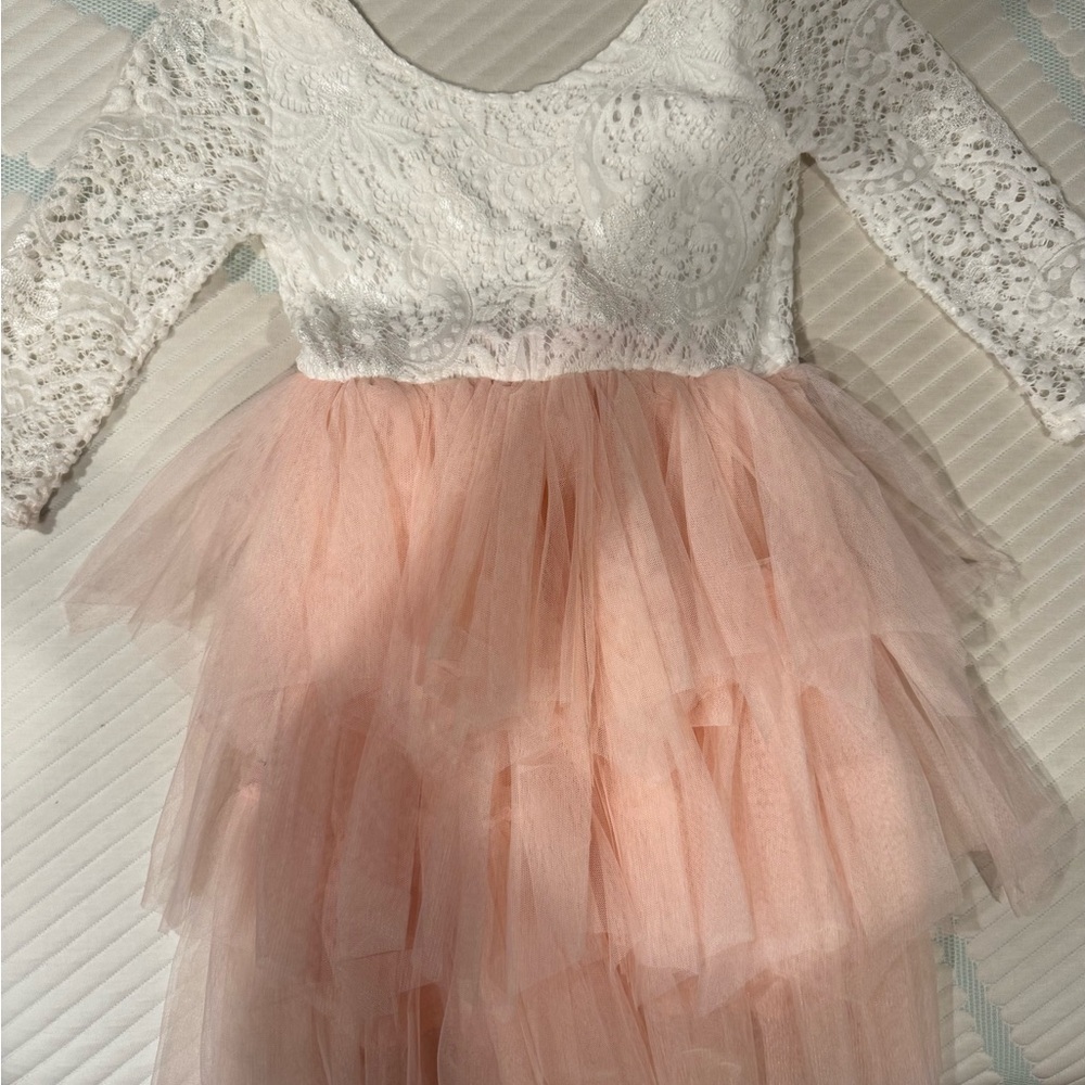 Elegant White and Pink Lace Kids Formal Dress